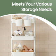 White storage trolley stocked with bathroom toiletries against a beige tiled wall