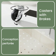 Feature panel showing a locking castor and the perforated base of a white basket