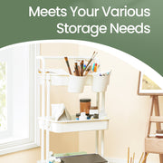 White storage trolley holding paint brushes and art supplies in a craft room