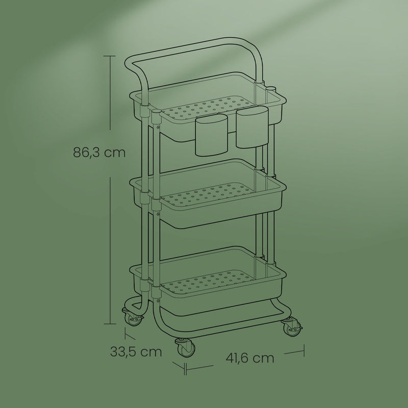 Line diagram of the 3-tier trolley showing 41.6 cm width, 33.5 cm depth and 86.3 cm height