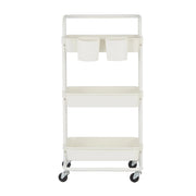 Front view of the white 3-tier trolley with 2 organisers clipped to the top basket