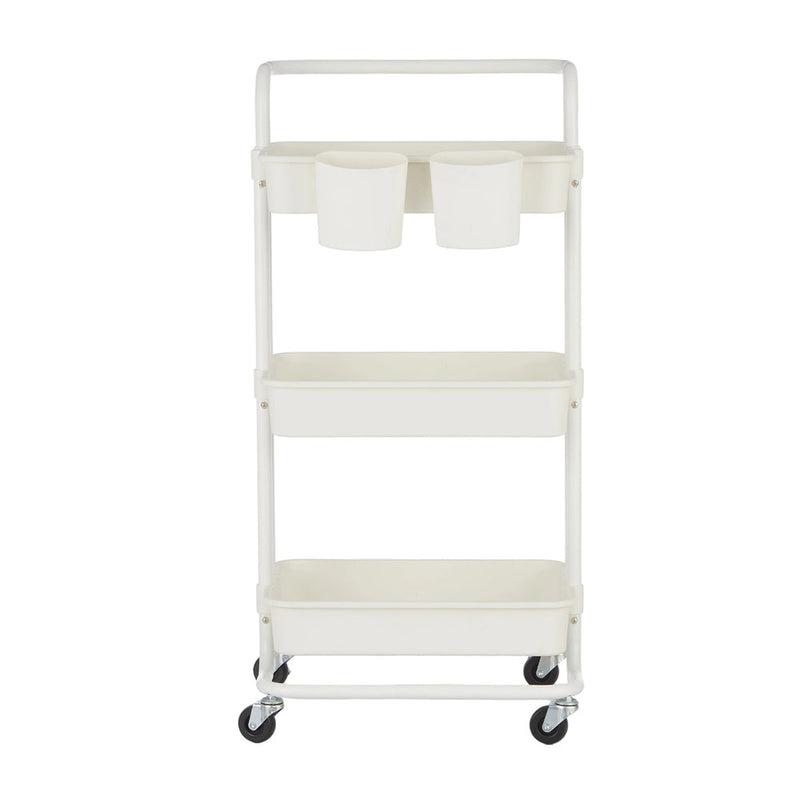 Front view of the white 3-tier trolley with 2 organisers clipped to the top basket