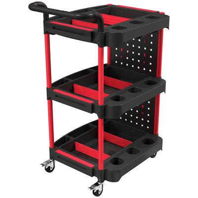 Homcom 3-tier rolling tool cart in black and red, studio shot showing pegboard sides