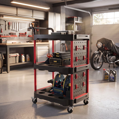 Homcom tool cart loaded with tool boxes and a tool bag in a home garage