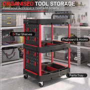 Labelled diagram showing the 3-tier shelves, pegboard with hooks and parts tray on the Homcom cart