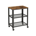 Dark walnut 3-tier Vasagle serving trolley with metal-grate shelves and castors