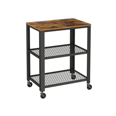 Dark walnut 3-tier Vasagle serving trolley with metal-grate shelves and castors