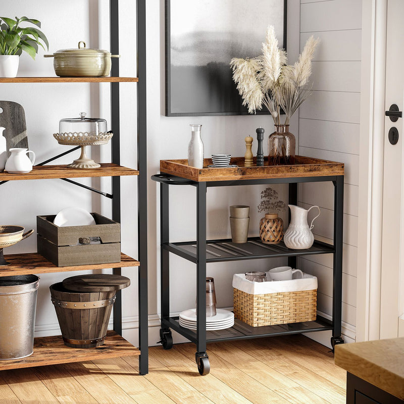 Close-up of the serving trolley's metal-grate shelf and frame joints