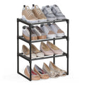 Black 3-tier Songmics shoe rack filled with trainers and flat shoes on a white background
