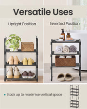 Panel showing the shoe rack in upright and inverted positions, with a note about stacking to save vertical space