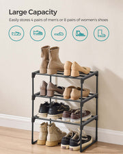 Shoe rack against a wall holding boots, heels and trainers, with icons for five shoe types