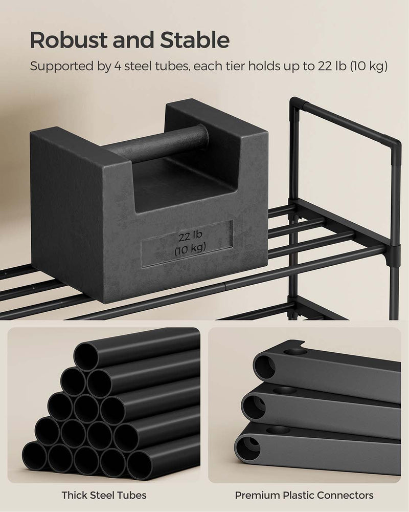 Close-up of a 10 kg test weight resting on the shoe rack beside its steel tubes and plastic connectors