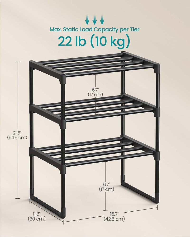 Dimensions diagram of the 3-tier shoe rack showing 42.5 cm width, 30 cm depth and 54.5 cm height