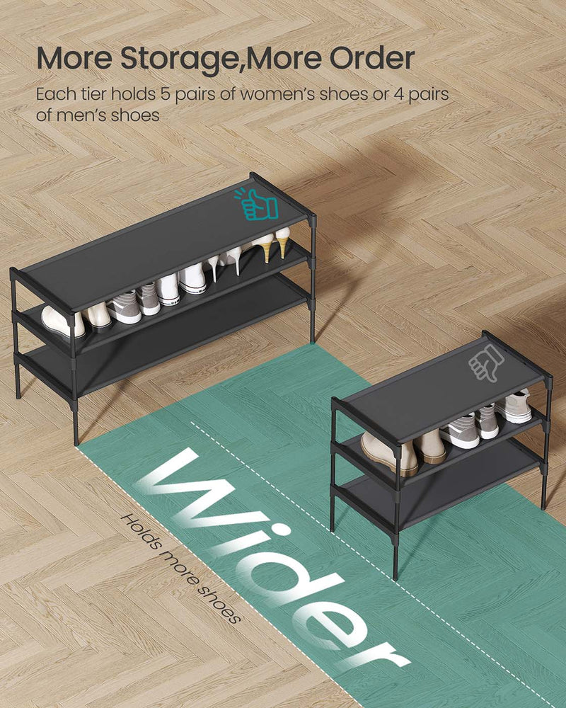 Comparison showing the wider rack holding more shoes than the narrower model