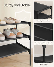 Feature callouts on the 3-tier rack for shelf connectors, non-woven fabric and metal tubes