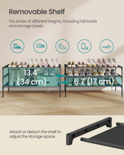 Removable shelf on the 3-tier rack giving 34 cm of clearance for tall boots