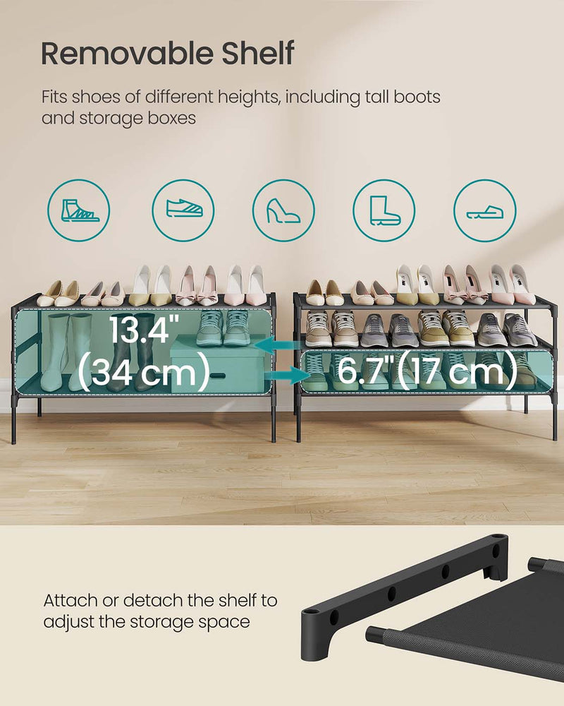 Removable shelf on the 3-tier rack giving 34 cm of clearance for tall boots
