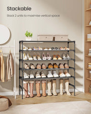 Two 3-tier racks stacked to double shoe storage in a bedroom corner