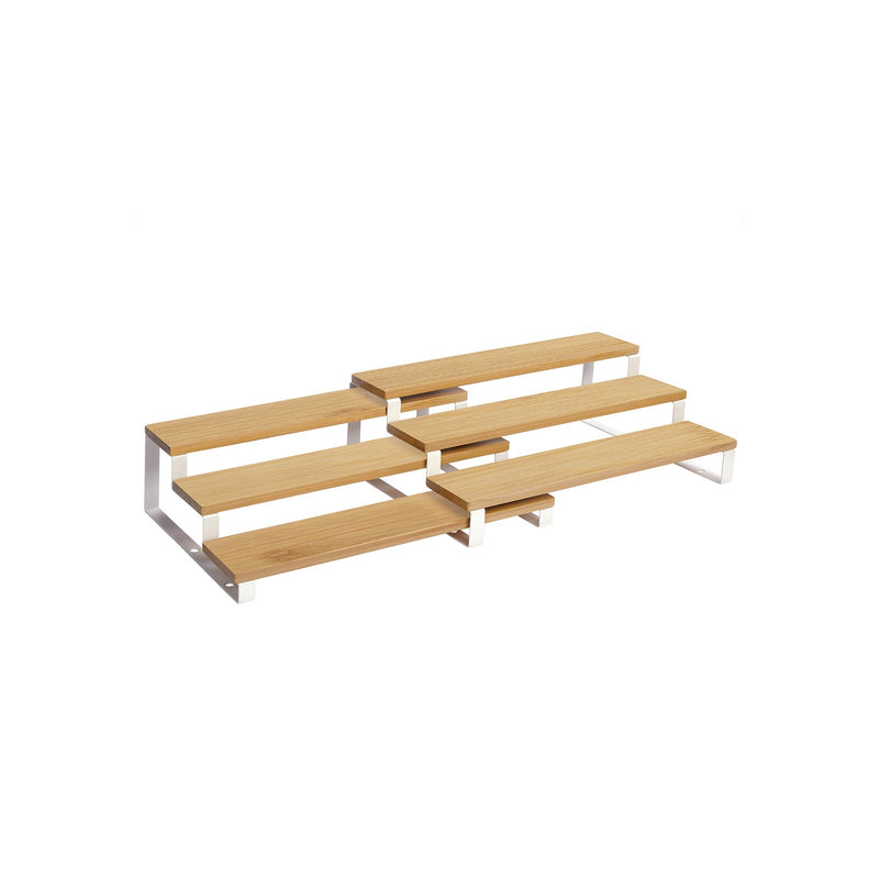 Two bamboo and white 3-tier Songmics spice racks overlapping on a white background
