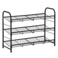Black 3 tier Songmics shoe rack with tilted wire shelves on a white background