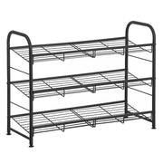 Black 3 tier Songmics shoe rack with tilted wire shelves on a white background