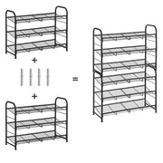 Diagram showing two 3 tier racks joined by four connector tubes into a 6 tier rack
