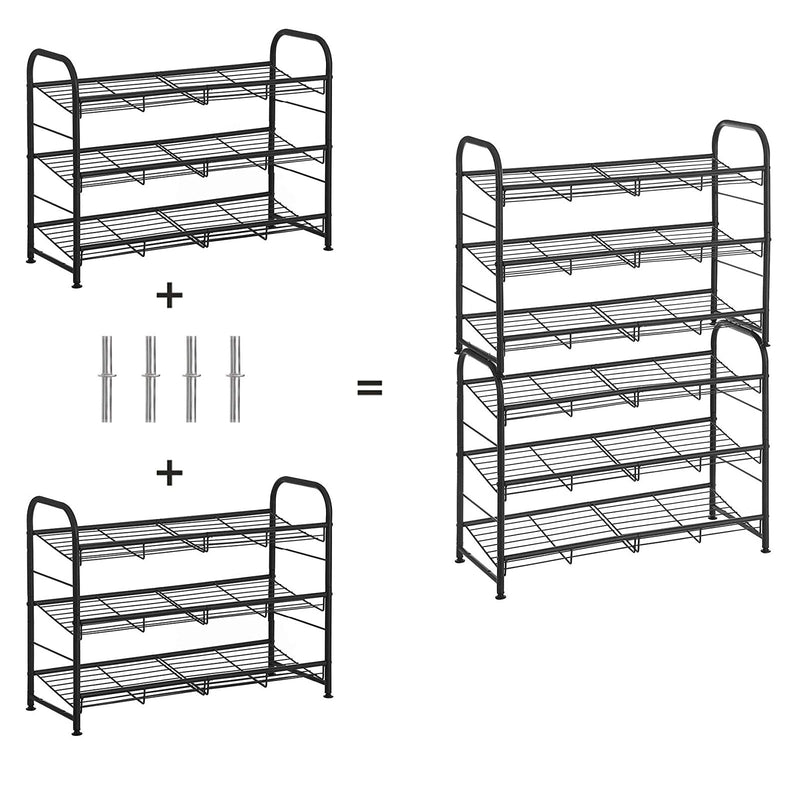 Diagram showing two 3 tier racks joined by four connector tubes into a 6 tier rack