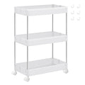 White 3-tier storage trolley on castors shown with the 6 side hooks included