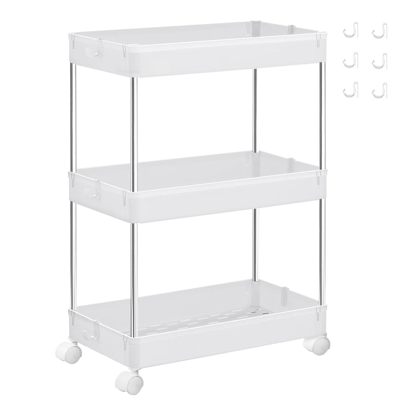 White 3-tier storage trolley on castors shown with the 6 side hooks included