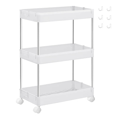 White 3-tier storage trolley on castors shown with the 6 side hooks included