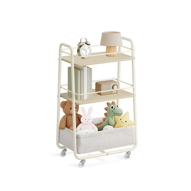 Cream 3-tier storage trolley with two wooden shelves and a grey fabric basket