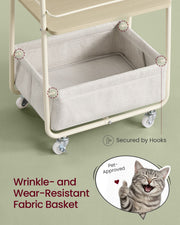 Close-up of the wrinkle-resistant fabric basket hooked onto the trolley frame