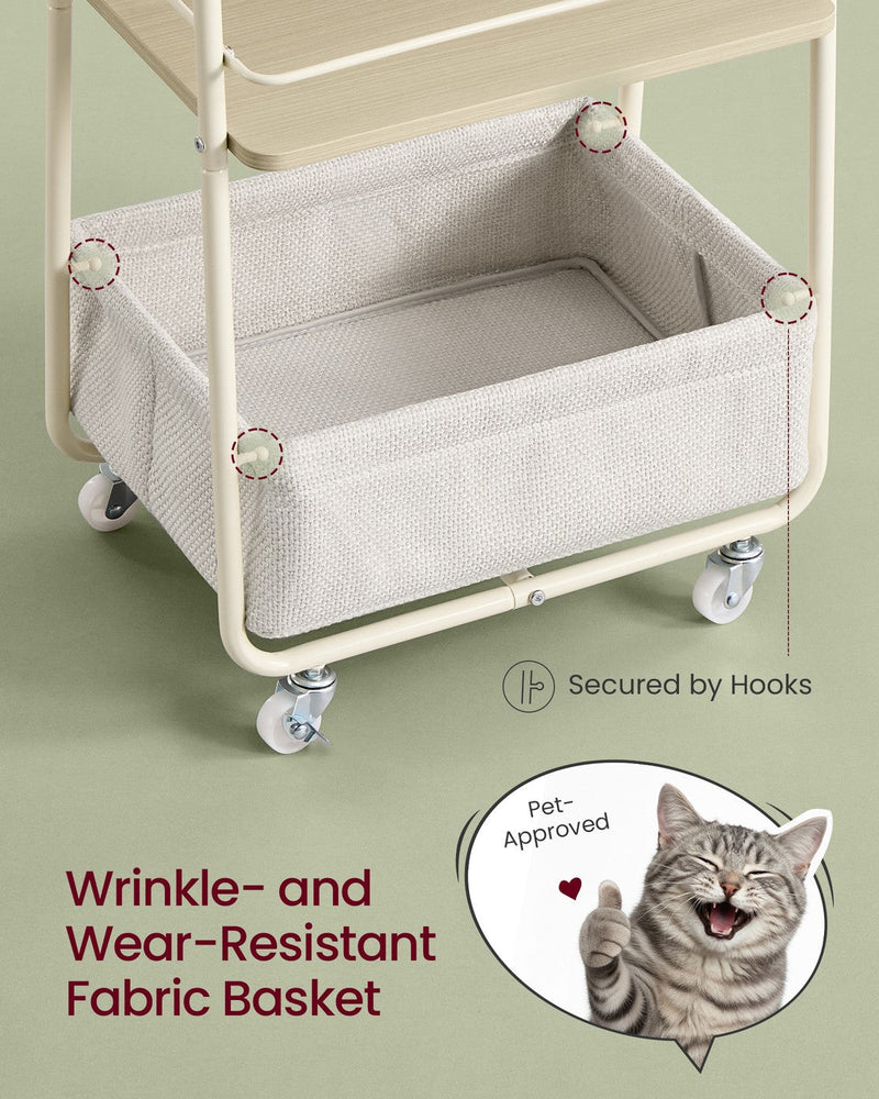 Close-up of the wrinkle-resistant fabric basket hooked onto the trolley frame