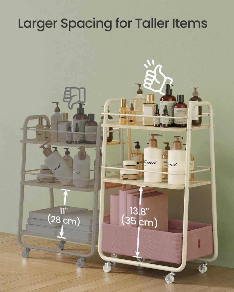 Comparison showing the 35 cm lower shelf gap fitting taller bottles than a 28 cm gap