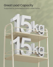 Panel showing the 15 kg per tier load capacity on a particleboard and steel frame
