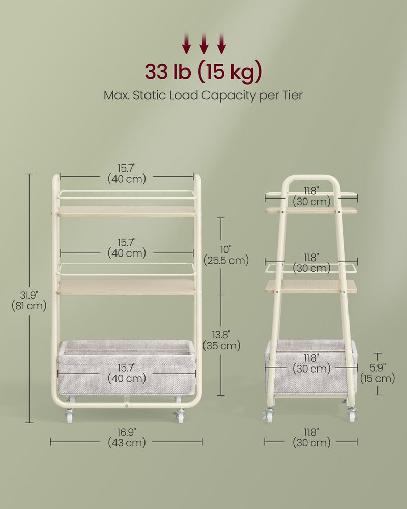 Dimension diagram showing 43 x 30 x 81 cm and 15 kg maximum load per tier