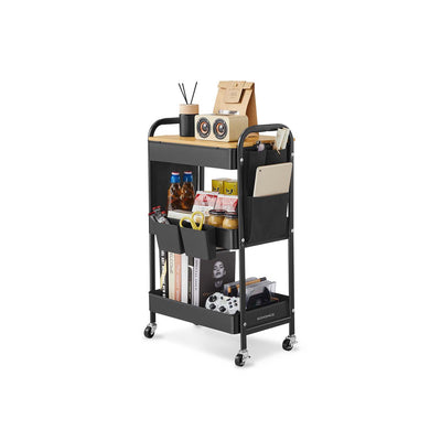 Black 3-tier rolling storage trolley with table top, front view