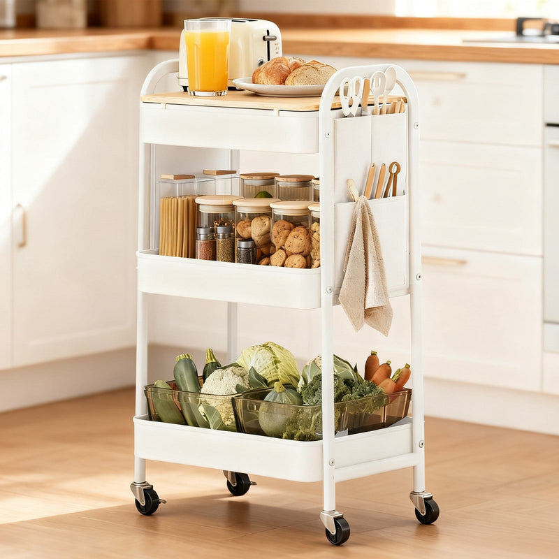 Close-up of the utility cart side pockets and hanging cups