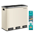 Songmics 3 x 18L sand beige steel kitchen pedal bin on a white background