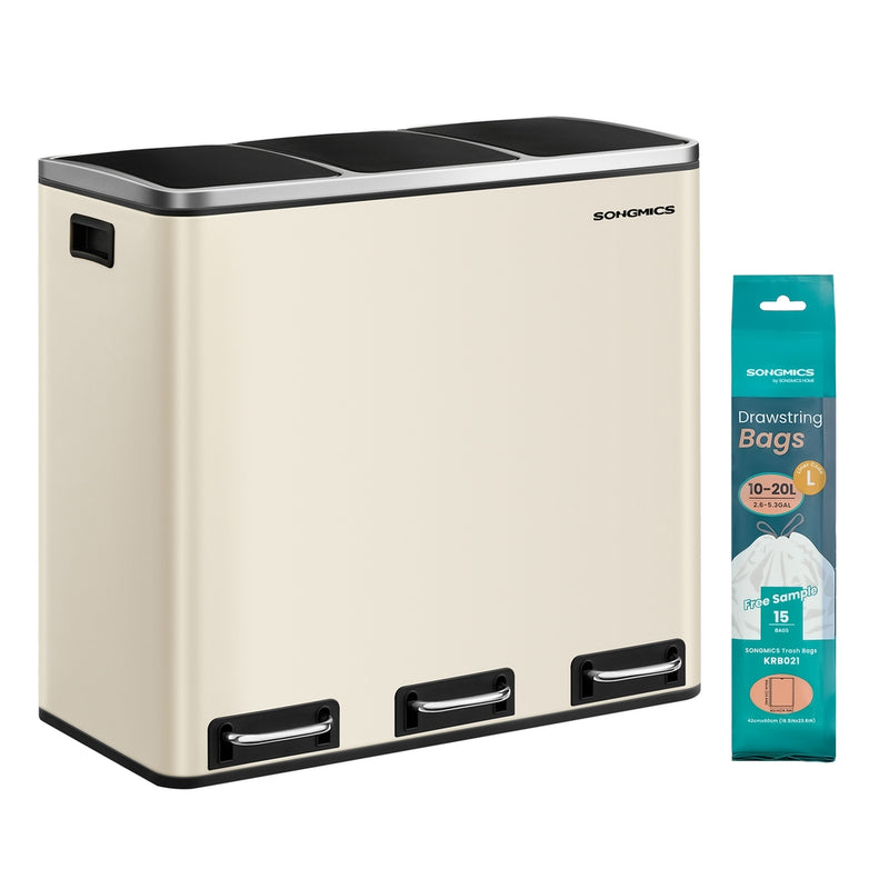 Songmics 3 x 18L sand beige steel kitchen pedal bin on a white background