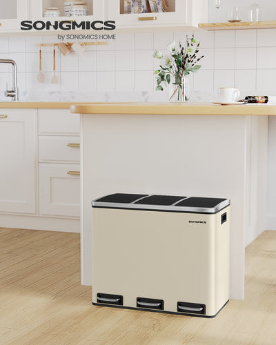Sand beige pedal bin with 3 compartments open showing inner buckets