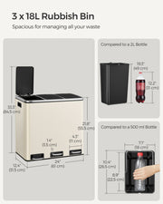 Dimensions diagram for the 3 x 18L sand beige pedal bin