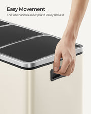 Close-up of the soft-close lid mechanism on the sand beige bin