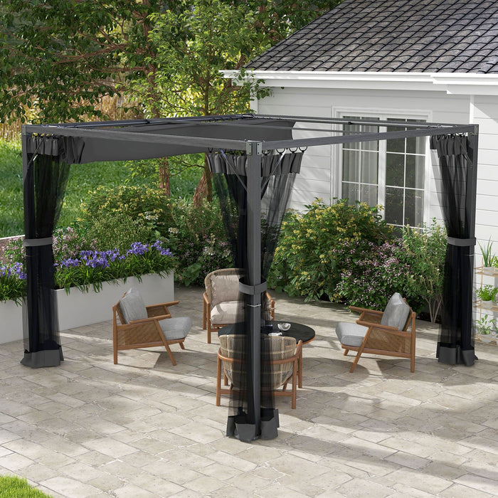 3m Garden Pergola With Retractable Canopy and Sides, Dark Grey