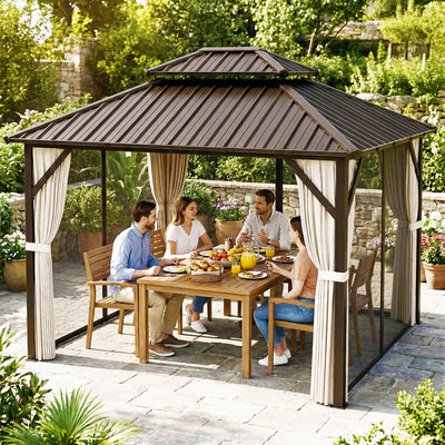 3.6 x 3m Metal Gazebo with Metal Roof, Privacy Curtains and Insect Netting for Year Round Shelter, Brown & Black