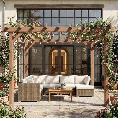 3.6 x 3m Wooden Garden Pergola for Shaded Outdoor Seating and Climbing Plants, Maple Wood Effect