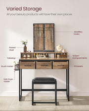 Vanity Dressing Table with Mirror and Padded Stool for Bedroom and Makeup by Vasagle