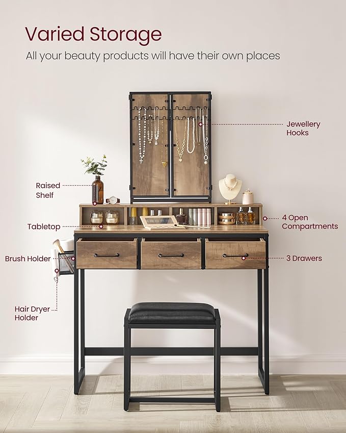 Vanity Dressing Table with Mirror and Padded Stool for Bedroom and Makeup by Vasagle