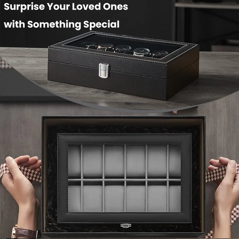 12 Slot Watch Box Organiser with Glass Lid and Removable Cushions for Display by Songmics