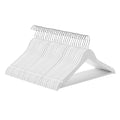 Stack of 30 white solid wood coat hangers with silver metal hooks